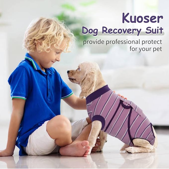 Kuoser Dog Surgery Recovery Suit, Soft Breathable Dog Recovery Suit for Female Spay Male Nueuter, Anti Licking Puppy Onesie Pet Surgical Suit for Dogs Abdominal Wounds Skin Disease, Purple Strips M