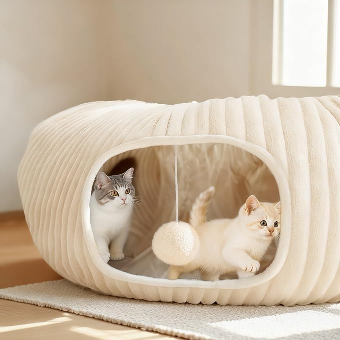 Cat Tunnel Bed with 31 Pcs Interactive Cat Toys, Automatic Cat Toys for Indoor Cats Kittens, Cat Tube with Moving Ball, White