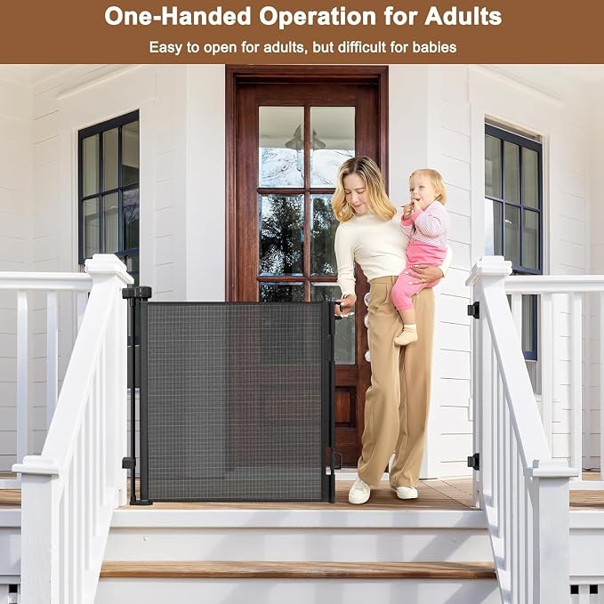 Weatherproof Outdoor Retractable Baby Gates for Decks with No Rust Screws and Rods, 72" Wide Waterproof Outdoor Baby Gate, 6 ft Scratch-Resistant Mesh Retractable Dog Gate for Parents and Pet Owners