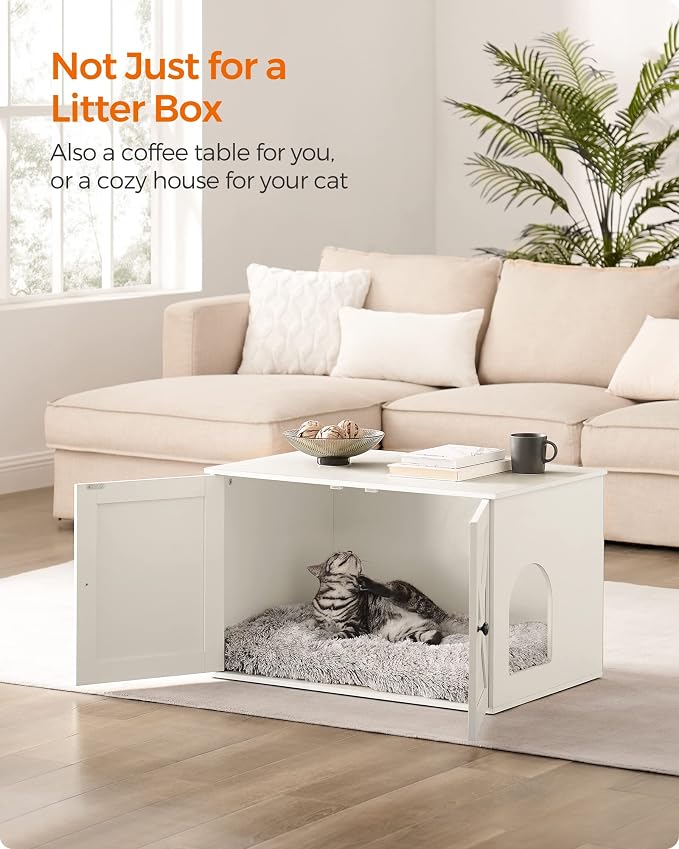 Feandrea Cat Litter Box Enclosure, Litter Box Furniture Hidden with Removable Divider, Indoor Cat House, End Table, 31.5 x 20.9 x 19.7 Inches, White UPCL002W01