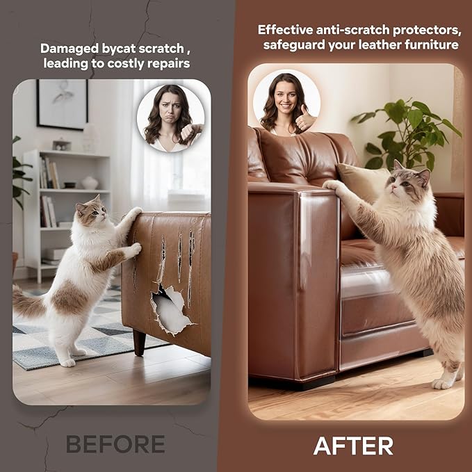 Anti Cat Scratch Furniture Protector for Leather Furniture, Easy-to-Apply & Removable Couch Protector from Cat Claws, Sofa Corner Guard Anti-Scratch Tape for Cats (24 Pack)