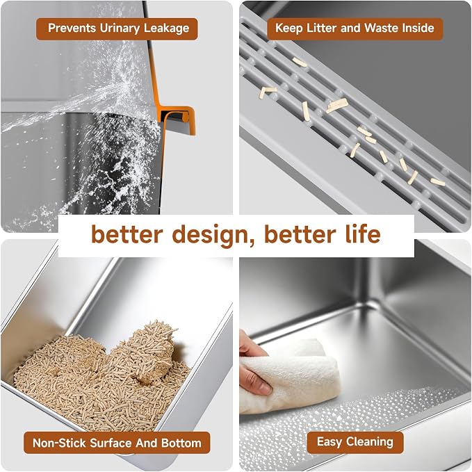 XL Stainless Steel Cat Litter Box with high Sides, Includes Scoop | Extra Large Litter box for Big Cats,Urine Leakage, Non-Stick, Durable,Easy to Clean
