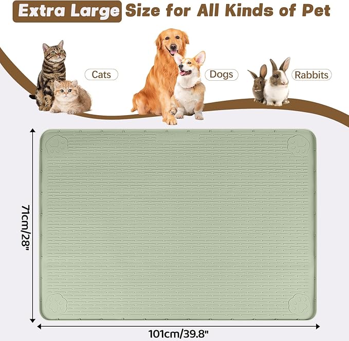 Cat Food Mat, 40" x 28" Cat Litter Mat Extra Large Silicone Pet Feeding Mat with Raised Edge Pet Placemat for Food and Water Bowl Non-Slip, Easy to Clean, Floor Protection (Green)