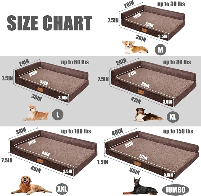 Patas Lague Orthopedic Dog Bed Medium Size Dog 30''X20'', Waterproof L Bolster Medium Pet Sofa Beds with Removable Washable Cover, Soft Pet Couch Crate Mat with Nonskid Bottom, Brown