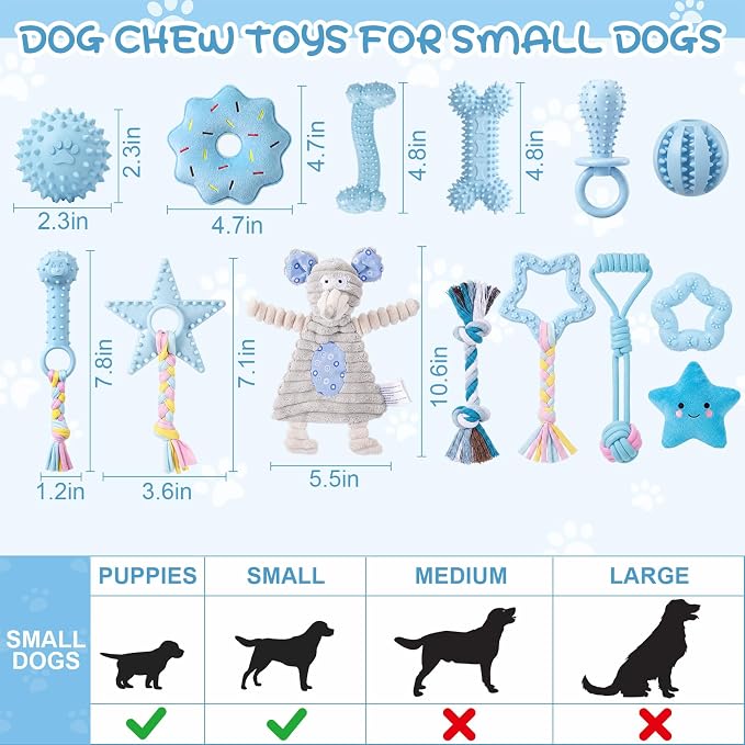 Leitee 14 Pcs Puppy Toys for Teething Dog Chew Toys for Small Dogs Soft Interactive Squeaky Plush Balls Doggy Teeth Tug of War and Rope for Small Dogs Puppy (Classic,Blue)