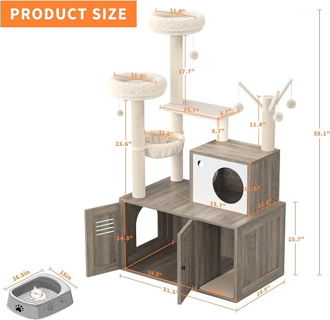 Garvee Cat Litter Box Enclosure with Tree Tower and Condo, Hidden Pet Washroom Furniture with Sisal Scratching Post,Hammocks and Soft Plush Perch, Wooden Cat Furniture with Multiple Platforms,Grey