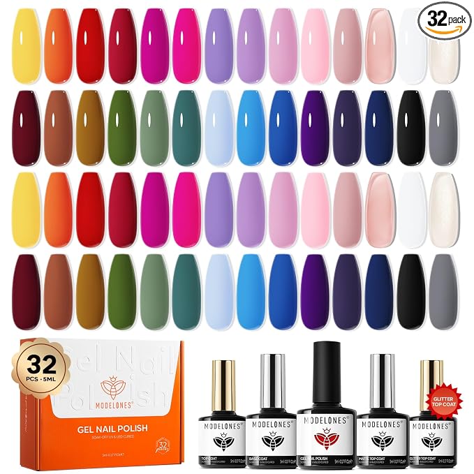 modelones 32 PCS Gel Nail Polish Set, 28 Colors Summer Gel Polish with No Wipe Base Coat, Glitter & Glossy & Matte Top Coat Red Nude Purple Green Soak Off LED Nail Art Kit Salon at Home