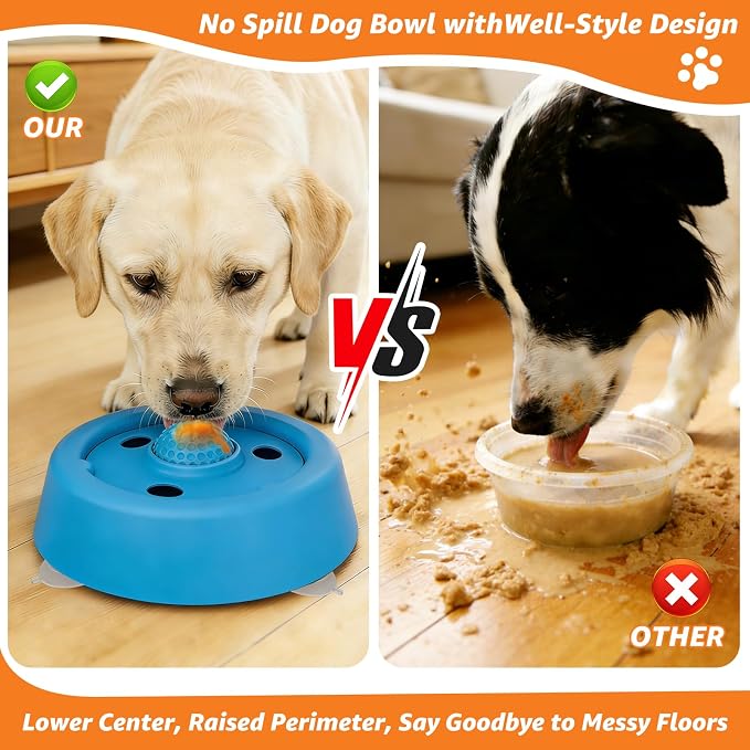 Dog Lick Bowl, 8 oz Slow Feeder Dog Bowls for Liquid Treats, Non Slip Dog Lick Ball with Built-in Rolling Ball, Lick Ball Bowl for Bone Broth Yogurt Dietary Supplement (Blue)