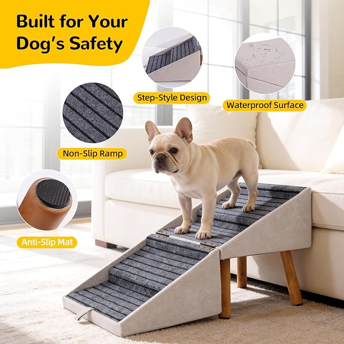 17.13" H Dog Stairs for Small Dogs, 2-in-1 Pet Steps & Ottoman - Foldable Dog Stairs for Couch, Non-Slip Wooden Pet Stairs for Puppy Senior Injured Dogs