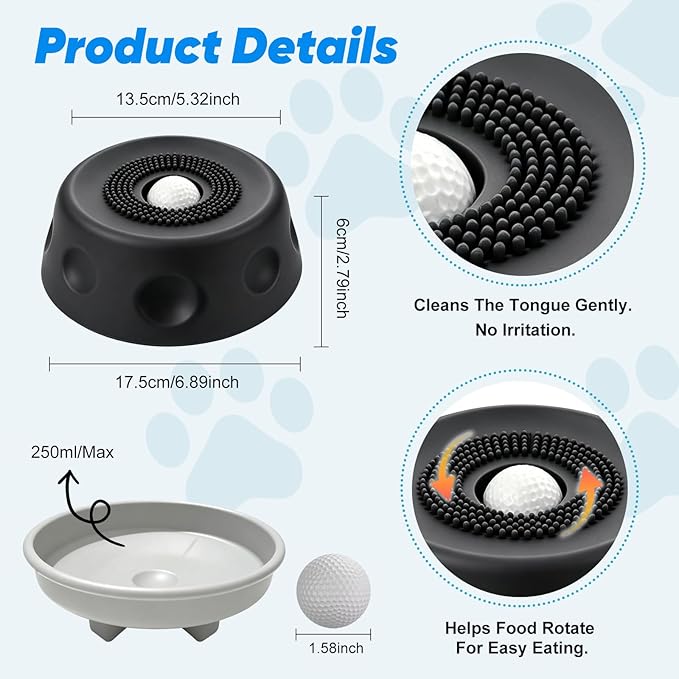 Dog Cat Lick Bowl with Rolling Ball, Slow Feeder Interactive Silicone Bowl with Suction Cup Base, Chew-Resistant for Wet Food & Treats, Easy Clean, 8.5oz/250ml, Black