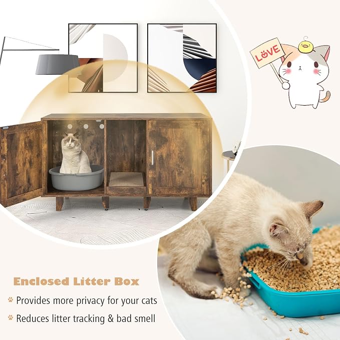 Tangkula Patented Double Cat Litter Box Enclosure for 2 Cats, Large Stackable Hidden Privacy Cat Washroom Cabinet with Scratching Board, Indoor Cat House TV Stand, Litter Box Furniture (Rustic Brown)