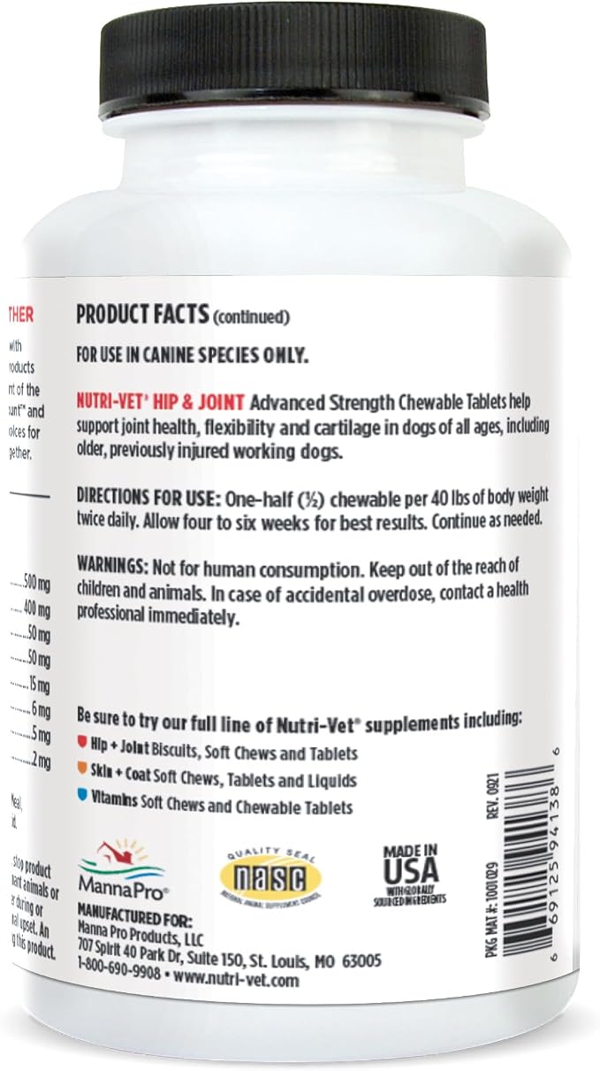 Nutri-Vet Advanced Strength Hip & Joint Chewable Dog Supplements - Formulated with Glucosamine & Chondroitin to Support Dog Cartilage & Mobility - 150 Tablets
