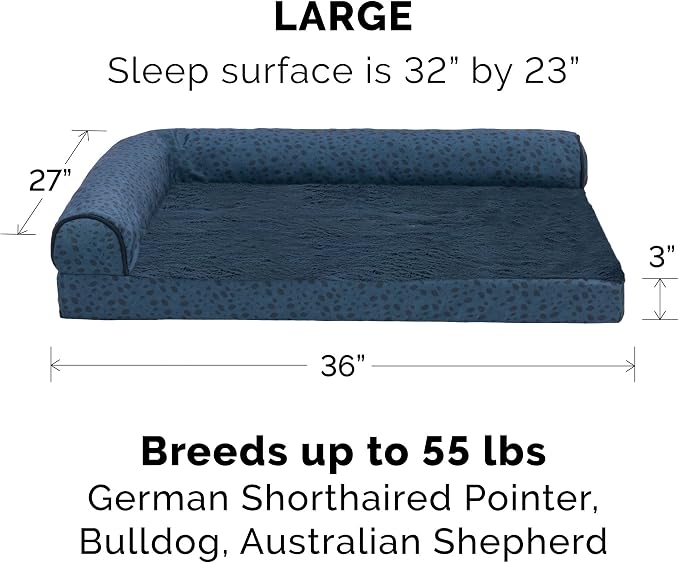 Furhaven Memory Foam Dog Bed for Large/Medium Dogs w/ Removable Bolsters & Washable Cover, For Dogs Up to 55 lbs - Plush & Almond Print L Shaped Chaise - Blue Almonds, Large