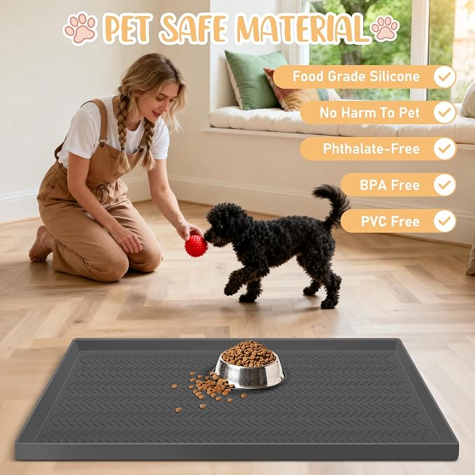 Kalolary Silicone Dog Feeding Mat, 48”x 16” Waterproof Pet Feeding Mat with High Raised Edge Avoid Spill Out, Nonslip Dog Bowl Placemats Cat Feeding Mats for Floors Easy to Clean, Grey