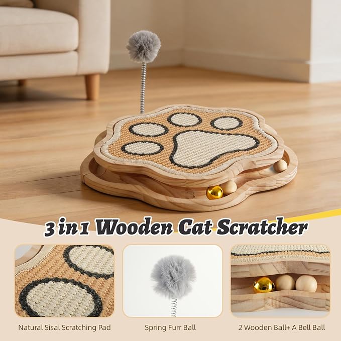 Cat Scratcher Natural Sisal 3 in1 Paw Shape Pad with Interactive Bell Ball Track and Spring Furball, Kitty Toy for Indoor Kittens & Adult Cats, Chasing Hunting Fun for Physical & Mental Exercise