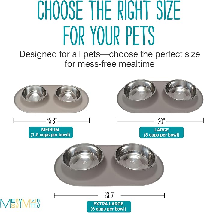 Messy Mutts Double Silicone Feeder with Stainless Bowls | Non-Skid Food Dishes for Dogs for All Pets | Dog Food Bowls | Large, 3 Cups Per Bowl | Grey