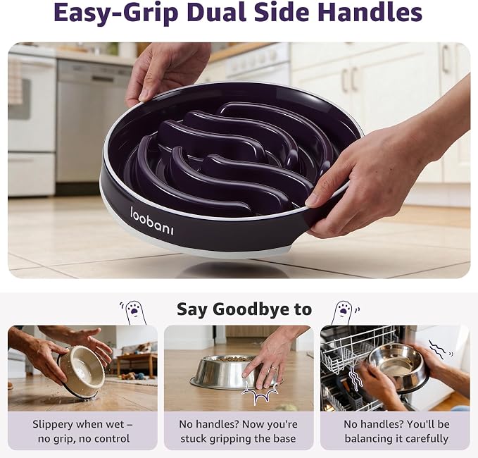 LOOBANI Ceramic Slow Feeder Dog Bowls - 4.5 Cups Slow Feeder Dog Bowls for Large Giant Dogs, Slow Feeding Easy-Grip Handles, Perfect for Fast Eaters Saint Bernards & Mastiffs (XL, Purple)
