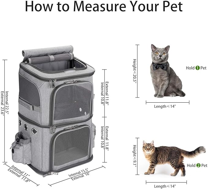 HOVONO Double-Compartment Pet Carrier Backpack for Small Cats and Dogs, Cat Travel Carrier for 2 Cats, Perfect for Traveling/Hiking/Camping, Grey, XL