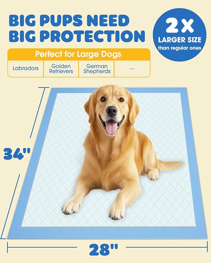 Powools Puppy Pads - 100 Packs, 34"×28" Ultra-Large Puppy Pads, Tear-ResistantPee Pads for Dogs, 6-Layer Ultra-Absorbent & Quick-Dry Blue Training Pads