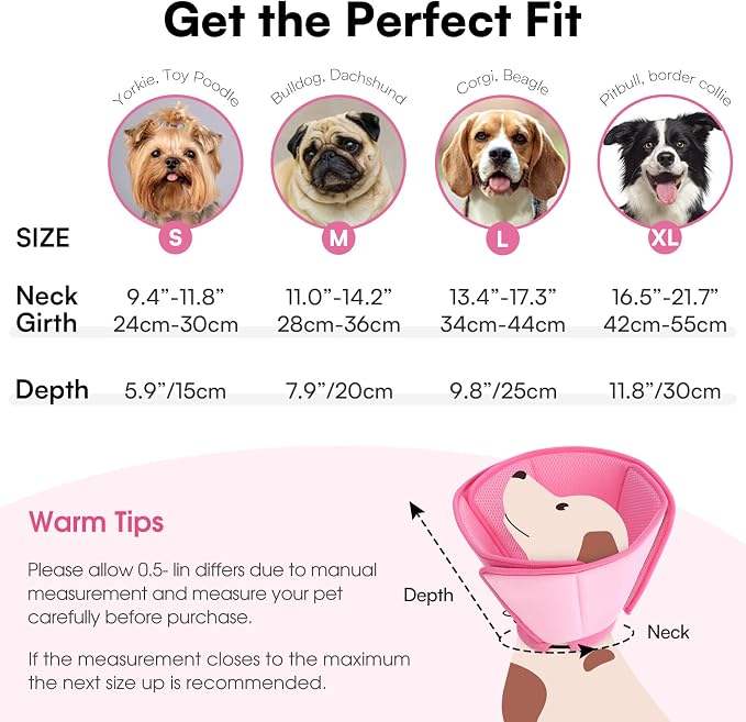 Queenmore Soft Dog Cones for Large Dogs,Comfy Dog Cone for Dogs to Stop Licking After Surgery,Adjustable Pet Cone Alternative for Wound Healing,Pink,X-Large
