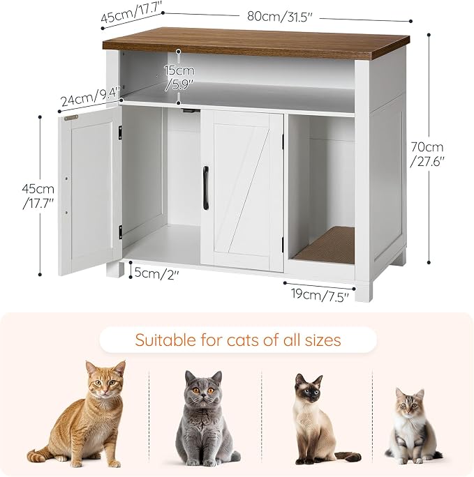 HOOBRO Cat Litter Box Enclosure, Farmhouse Hidden Litter Box with Scratch Pad, Litter Box Furniture with Storage Layer, End Side Table,White and Walnut, WH24MW01