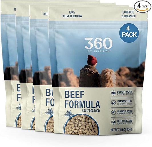 360 Pet Nutrition Freeze-Dried Raw Dog Food – Beef Recipe with Liver & Organs, High Protein with Omega-3s, Fruits, Veggies & Superfoods, Grain-Free, No Filler 4 x 16 oz Made in USA