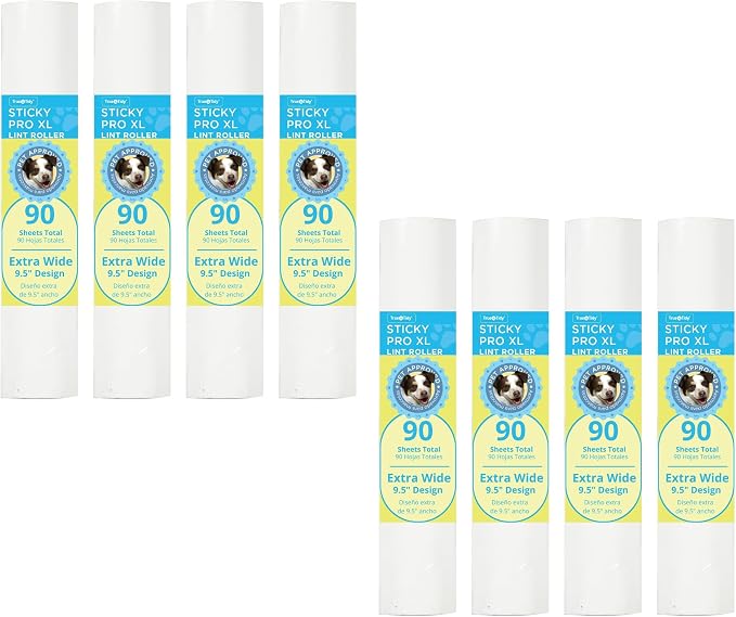 True & Tidy 8pc Lint Roller Refill Set for StickyPro XL Lint Roller, 90-pc per Sheet, Total 720 Sheets, Effectively Removes Pet Hair and Other Debris, Threaded Spiral Design, Extra Wide 9.5 inches