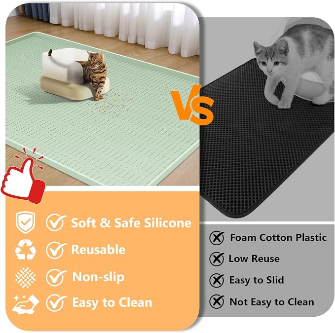 Silicone Cat Litter Mat, 47" x 35" Extra Large Litter Trapping Mat for Litter Box, Leak-Proof, Non-Slip, Kitty Litter Mats with Soft Texture for Floor, Keeping The Floor Clean (Green)