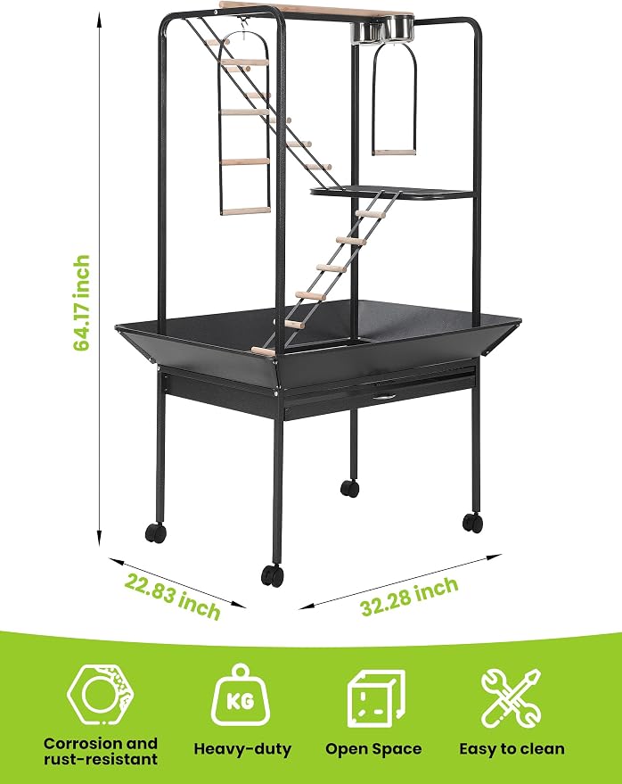 Garvee 64'' H Inch Birdcage Stand Play Center with Perches and Ladders, Indoor Outdoor Playground for Birds, Bird Playstand w/Rotated Ring Removable Tray, Lockable Caster, for Macaw and Parakeet