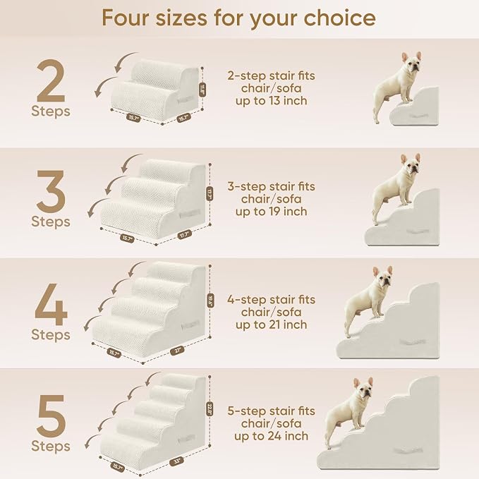 PAWSCRAT Dog Stairs for Small Pets, 11.8" H with 30D Material Soft Foam, Portable Ramp Non-Slip Surface Non-Slip for Couch and High Bed Climbing, 2-Step Stairs for Cat or Dog, Beige