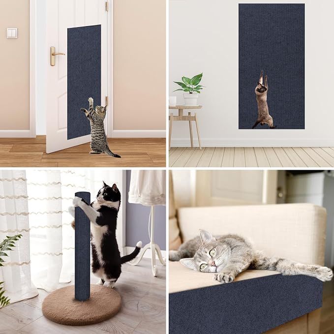 Trimmable Cat Scratcher Mat, Self-Adhesive Cat Scratching Carpet Pad Replacement for Cat Tree Shelves, Cat Steps and Posts, DIY Cat Scratch Couch Furniture Protector (Dark Blue, 39.4"x15.8")