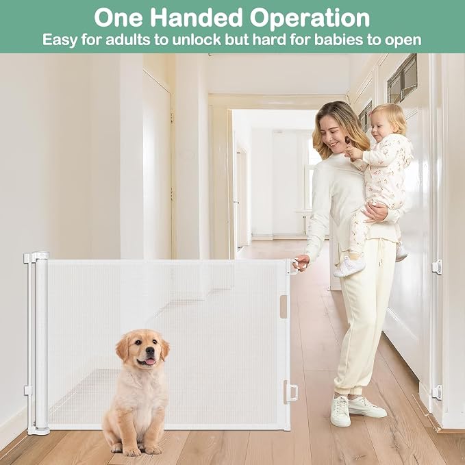 Retractable Dog Gates for Doorways 55 Inch Wide Retractable Baby Gates for Dogs Indoor Pet Barrier for Dogs Mesh Baby Gate No Bottom Bar Outdoor Dog Gate for Deck/Kitchen/Front Porch/Bedroom, White