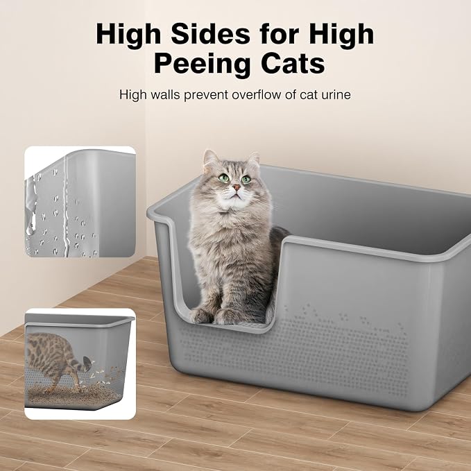 Cat Litter Box with High Sided,24.8" Lx14.9 Wx13.0 H,Extra Large Cat Litter Box for Big Cats,XL Jumbo Kitty Litter Box for Indoor Cats,Tool-Free Assembly (Grey)
