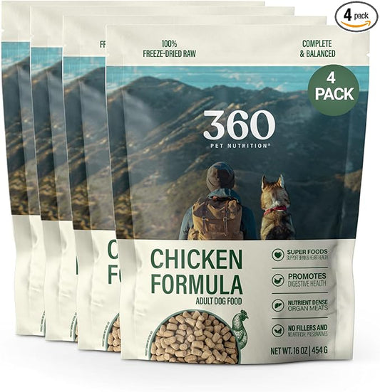 360 Pet Nutrition Freeze-Dried Raw Dog Food – Chicken Recipe with Liver & Organs, High Protein, Omega-3s, Fruits, Veggies & Superfoods, Grain-Free, No Fillers 4 x 16 oz Made in USA