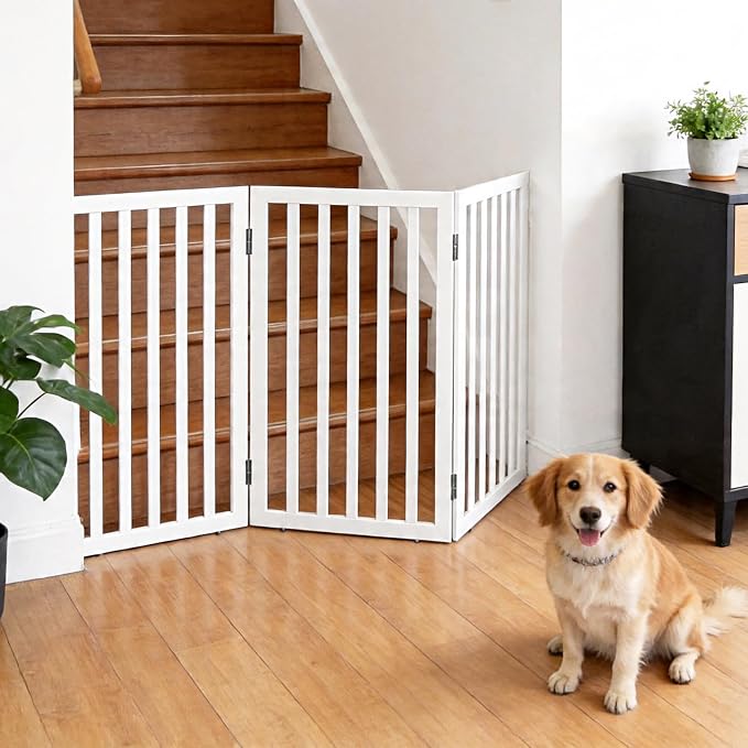 Dog Gate Indoor, Freestanding Dog Fence for The House, Doorways, Hallways,or Stairs,Pet Gate Foldable Wooden,Expandable 32" Height 3 Panels,White