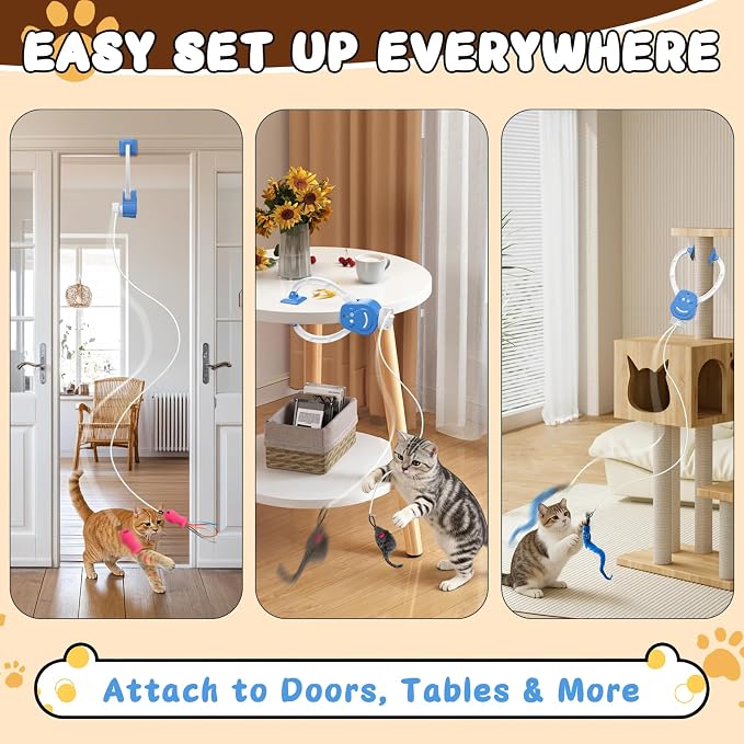 Automatic Cat Toy for Indoor Cats, Interactive Door Hanging Cat Toy with Smart Touch Restart, USB-C Rechargeable 360° Rotating Flying Bird Teaser for Kittens & Adult Cats, Blue
