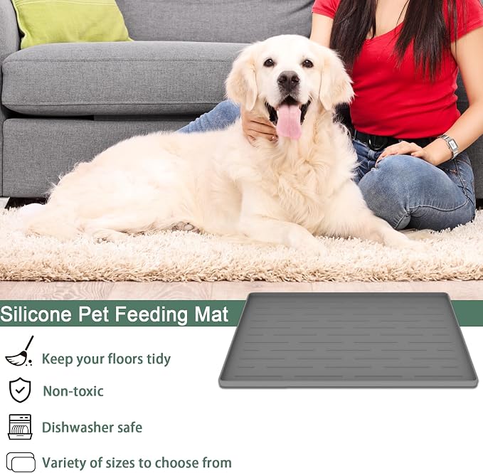 Silicone Dog Food Mat for Cats and Dogs, 18x12 Inch Non-Slip Waterproof Pet Feeding Mat with Raised Edges to Prevent Spills, Easy to Clean Floor Mat for Food and Water Bowls, Lake Blue