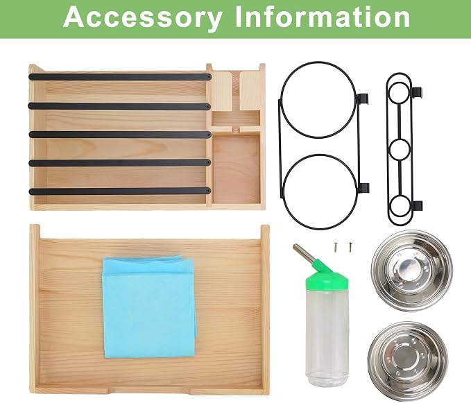 Rabbit Hay Feeder, 4 in 1 Wood Guinea Pig Hay Feeder Bunny Hay Holder with Litter Box 500ml Water Bottle 2 Food Bowl Small Animals Stuff for Cages for Chinchillas Hamster Dwarf Rabbit Ferrets