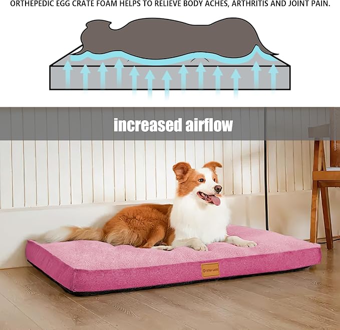 Patas Lague Orthopedic Dog Bed Large Sized Dog 36''X24'',Soft Waterproof Egg Crate Foam Medium Pet Crate Beds Mat with Removable Washable Cover and Non-Slip Bottom, Pink