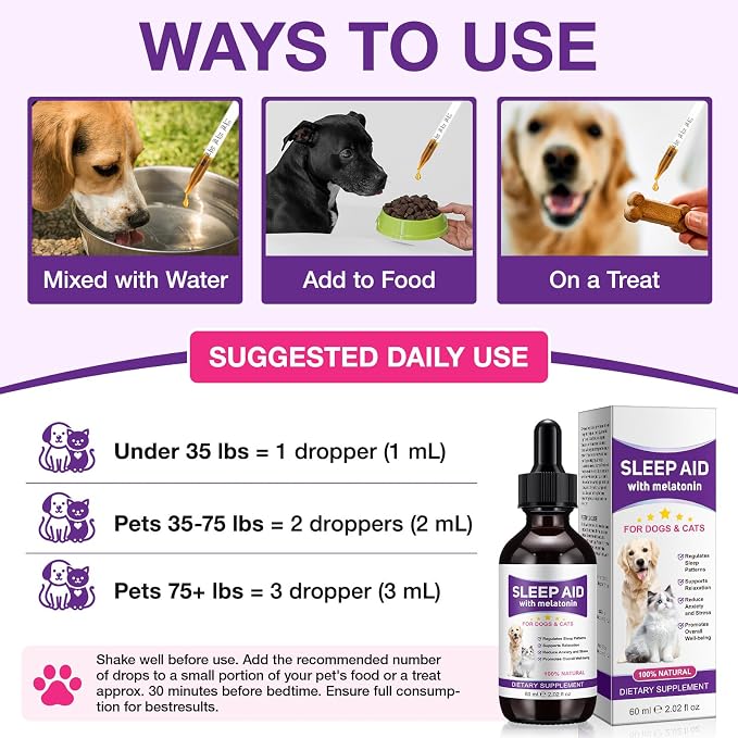 Liquid Melatonin for Dogs & Cats, 60ml Dog Melatonin Calming Drops with L-Theanine, Cat Calming Dog Sleep Aid Support Anxiety Relief for Travel, Separation, Barking, Fireworks