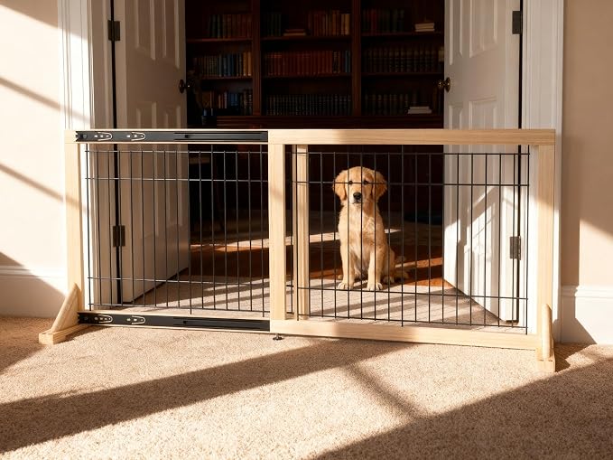 Extra Wide Freestanding Dog Gate, Adjustable Width 31.5"–61", 23.6" Tall Indoor Pet Gate for Kitchen, Living Room & Stairs, Wooden Metal Frame No-Drill Pet Barrier