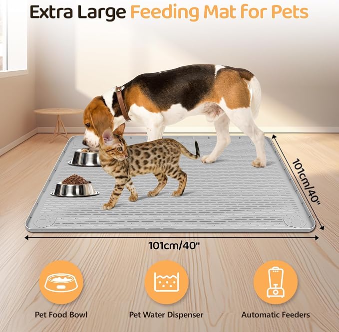 Dog Food Mat, Extra Large 40" x 40" Silicone Pet Feeding Mat with Raised Edge Pet Placemat for Small, Medium, and Large Pets Non-Slip, Easy to Clean (Light Grey)