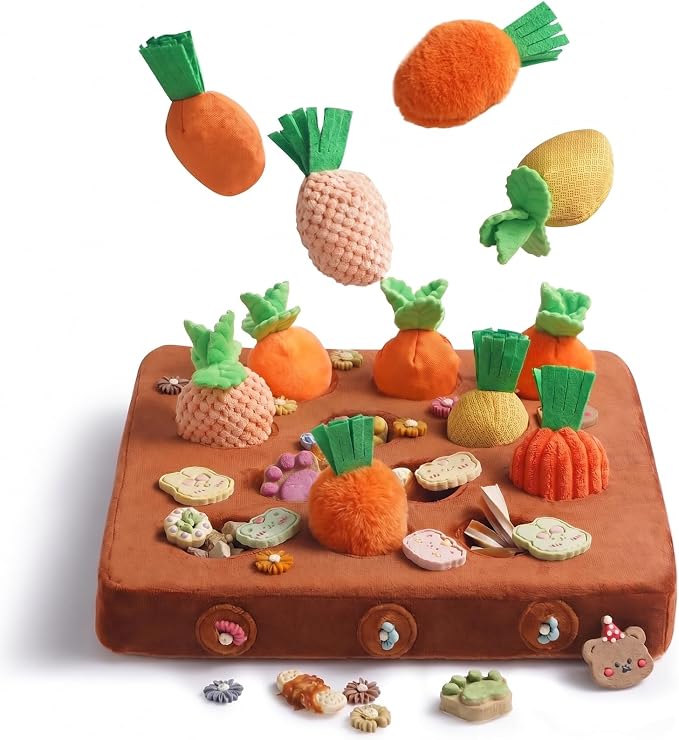 Nocciola Puzzle Carrot Dog Toys, 12PC Various Fabrics Carrots & Farm Snuffle Mat for Hide and Seek Snuffle Toys for Small and Medium Dogs, Easter Dog Toy