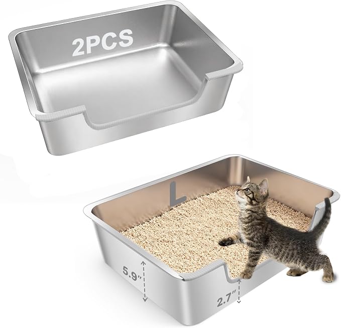 2-Pack Low Entry Litter Box for Senior Disabled & Injured Cats, Stainless Steel High Sided Enclosed Easy Step in Entry-Metal Kitty Litter Box for Kittens, Odor Control (19.7"x13.8"x5.9")