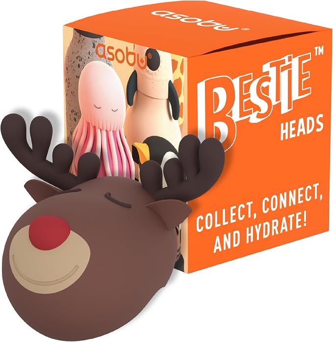 asobu Bestie Bottle Replacement Head For Insulated Stainless Steel Water Bottle, Detachable Soft Animal Head, Collectable Bottle Head for Fun Drinking For Kids, Reindeer