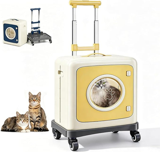 Pet Carrier with Wheels Foldable Cat Carrier, 3-Level Adjustable Handle 360° Wheels, Detachable Multi-Use Rolling Pet Travel Carrier for Cats & Small Dogs, Portable Outdoor Travel Pet Crate (Yellow)
