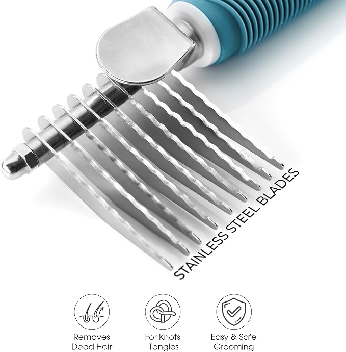Poodle Pet Bundle - Dematting Fur Rake Comb Brush Tool with Steel Safety Blades and Detangling Pet Comb with Long and Short Stainless Steel Teeth for Detangling Matted or Knotted Undercoat Hair (Blue)