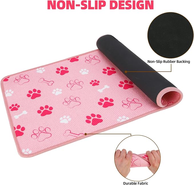 PUPTECK Dog Food Mat, Absorbent Pet Cat Feeding Mat for Food and Water Bowls, Anti-Slip Dog Placemat for Floors Waterproof, Pet Supplies Accessories, Pink M