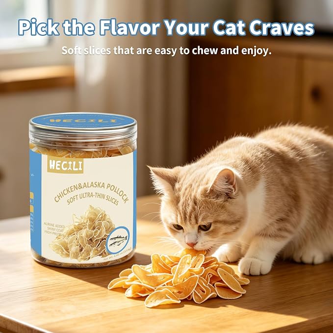 Chicken & Shrimp Soft Cat Treats,Ultra-Thin Slices, Easy-Chew Snacks for Picky Cats, Kittens & Seniors (Chicken & Pollock)