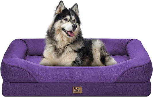 Chez Paw XXL Orthopedic Dog Bed for Extra Large Dogs, Extra Thick Egg-Crate Foam Waterproof Pet Couch with Removable Washable Cover, 4-Sided Bolster & Non-Slip Bottom, Purple 45"x35"x7.5"